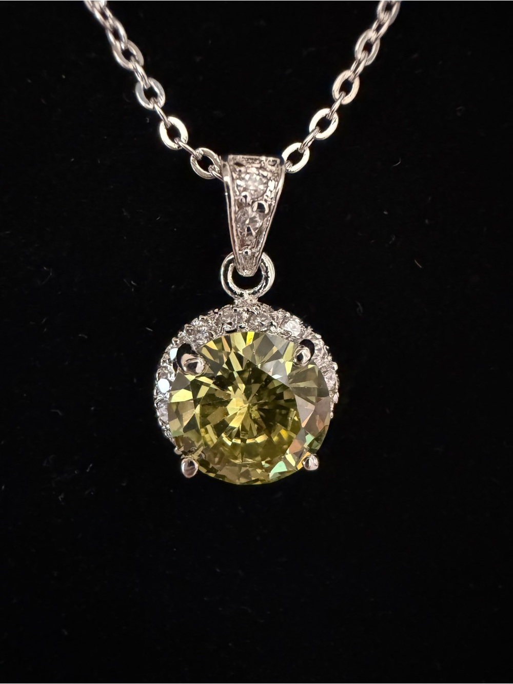 Yellow Green Glass Crystal Halo Pendant Necklace QVC Silver Tone